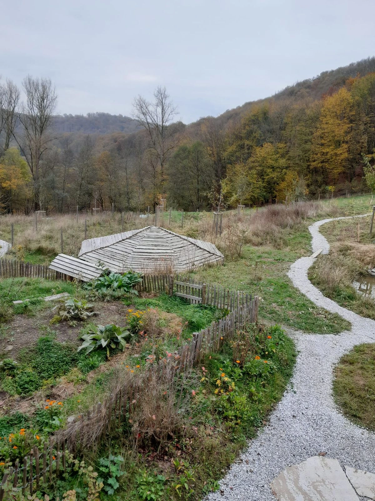 Fertiger Gemüsegarten mit Sitzplatz und Feuchtbiotop Westerwald Herbst